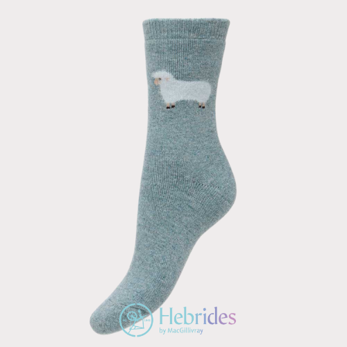 Light Blue Wool Blend socks with fluffy sheep size 4-7