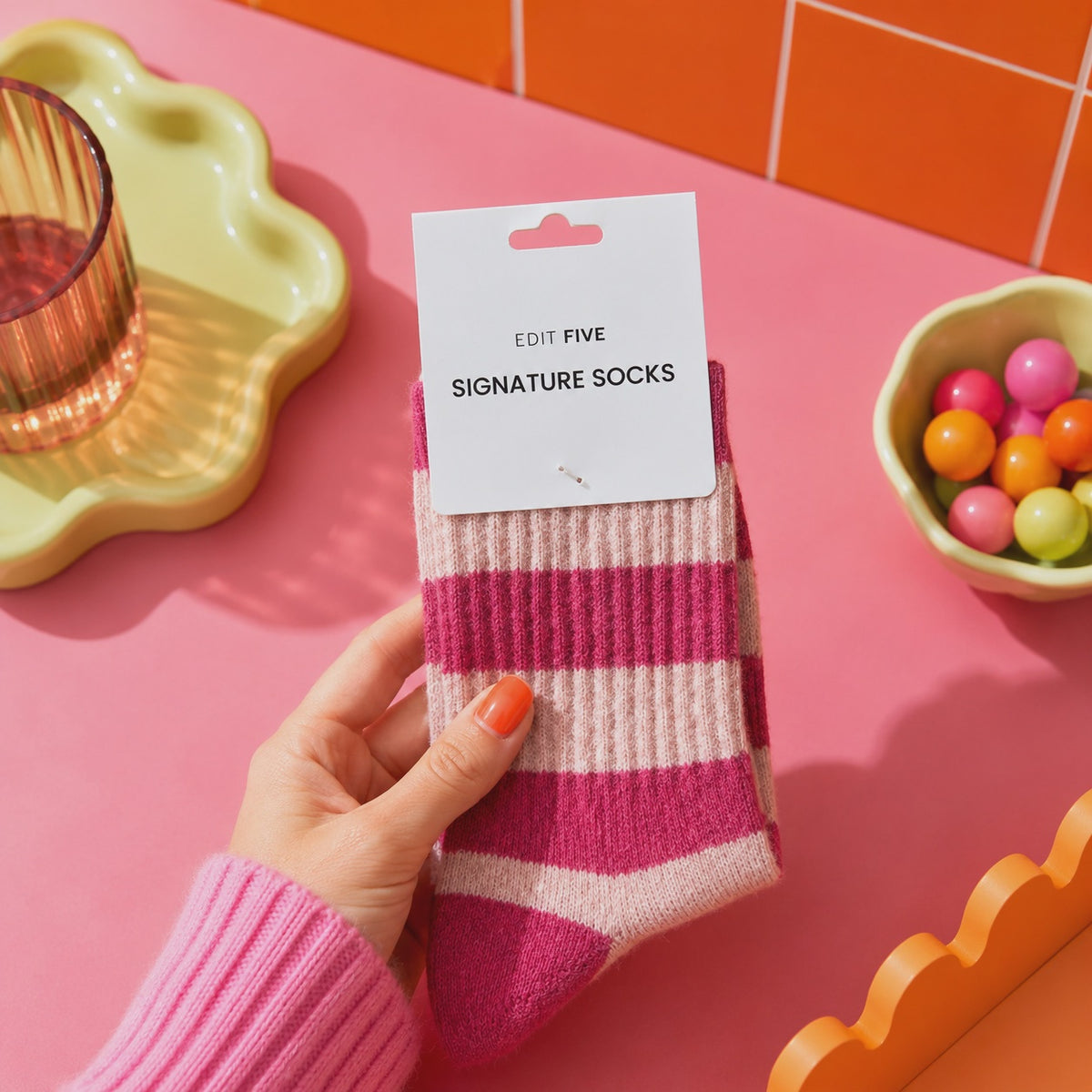 Cherry pink and baby pink striped signature socks