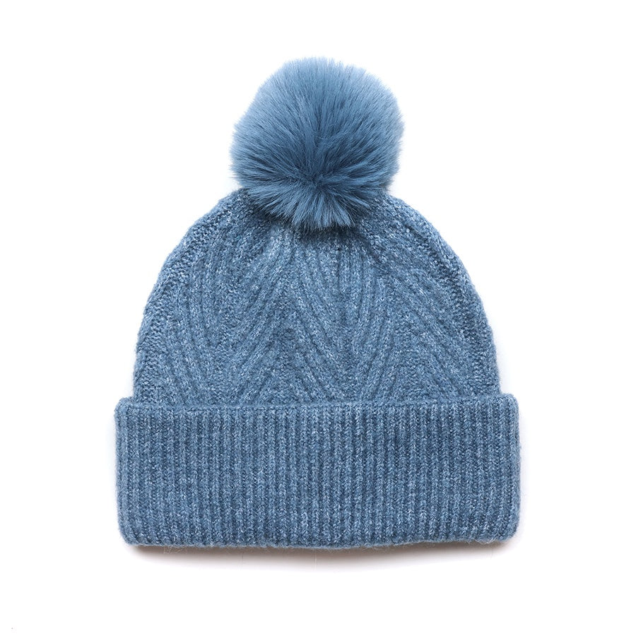 Charlotte denim blue herringbone knit recycled blend bobble hat