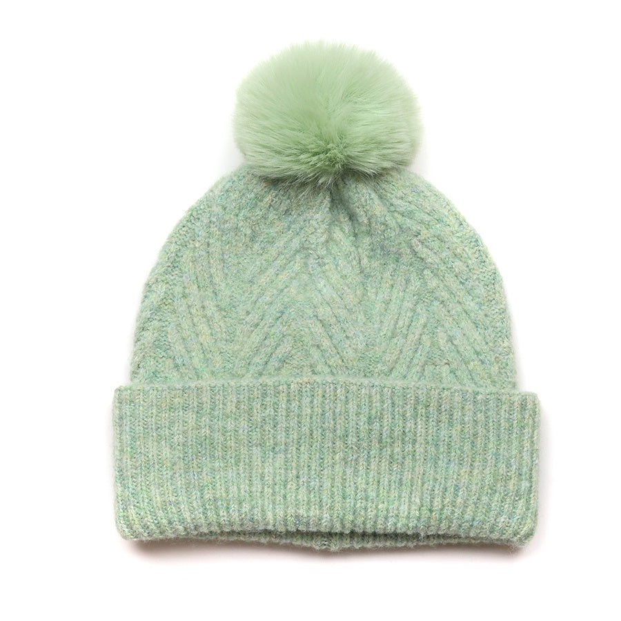 Charlotte mint green herringbone knit recycled blend bobble hat