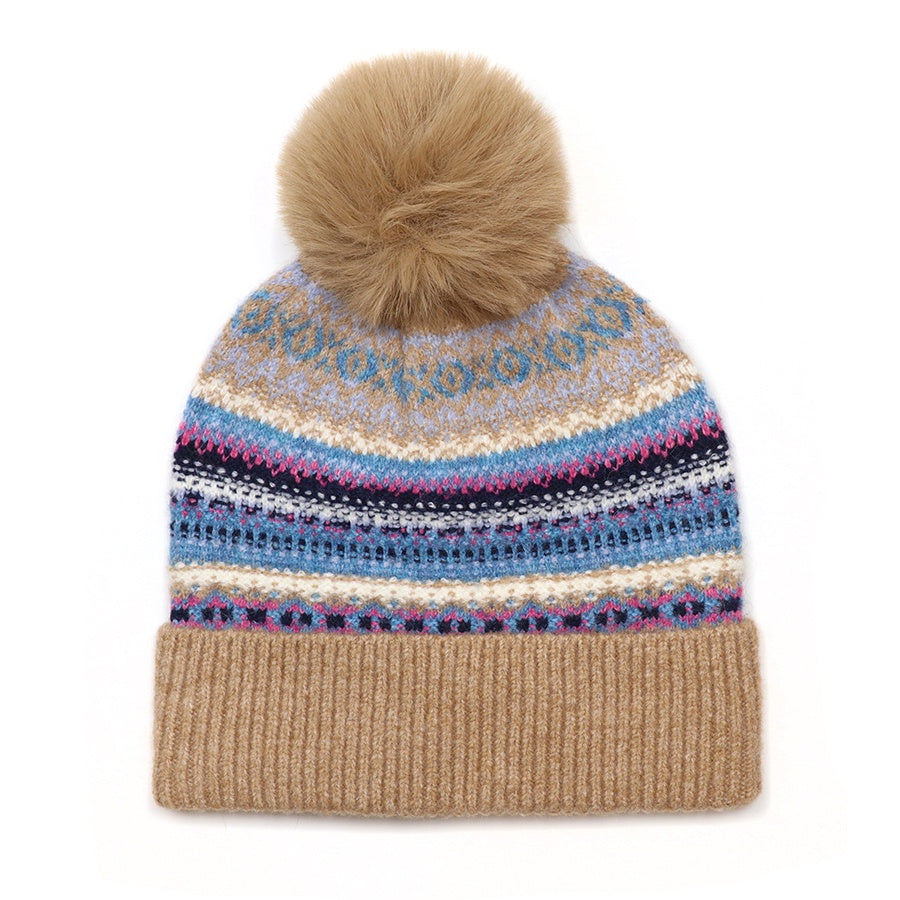 Evie camel and blue mix pattern knit recycled blend bobble hat