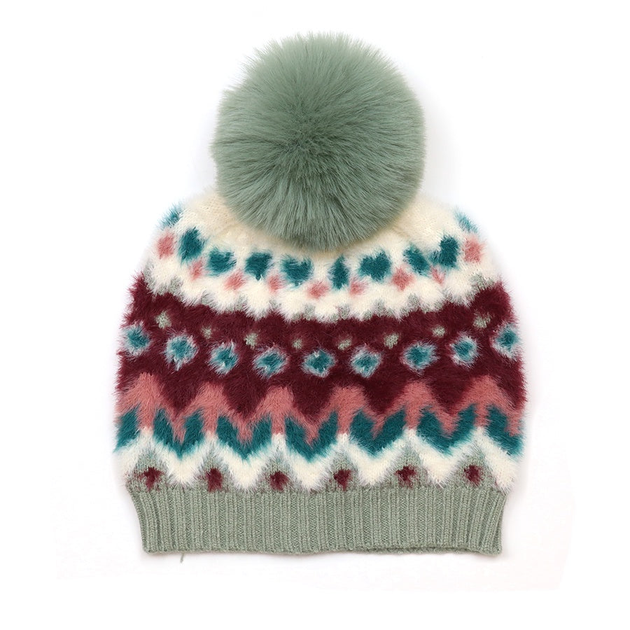 Imogen fluffy duck egg and wine mix pattern knit recycled blend bobble hat