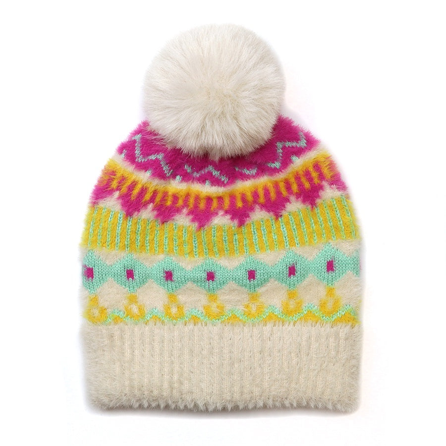 Mia fluffy cream and neon mix scandi pixel knit recycled blend bobble hat