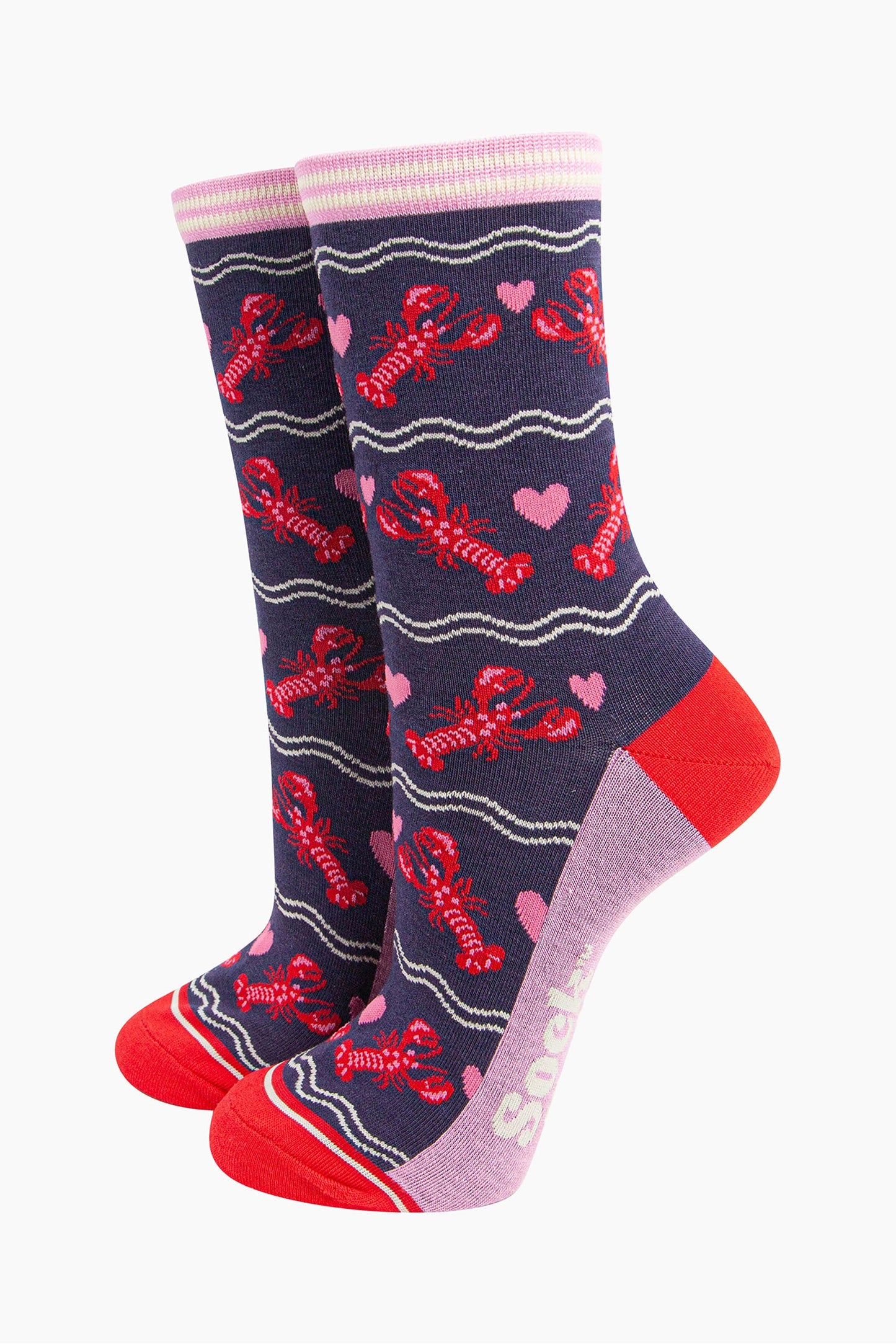 Women's Bamboo Socks - Navy, Lobsters with Love Hearts - UK 3-7 | EU 36-40 | US 5-9