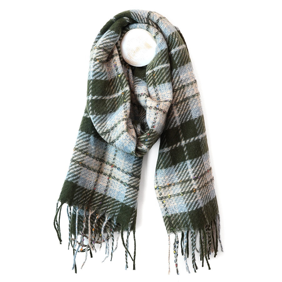 Olivia dark khaki mix tartan weave scarf with metallic thread