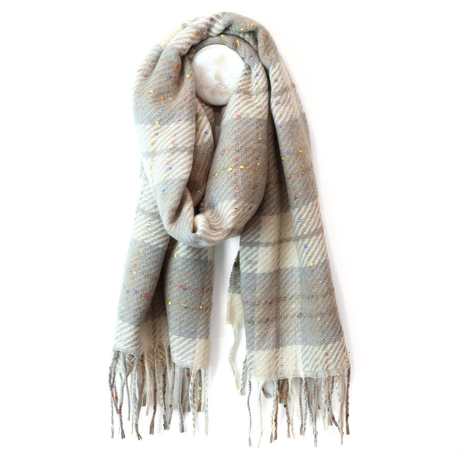 Olivia soft taupe mix tartan weave scarf with metallic thread