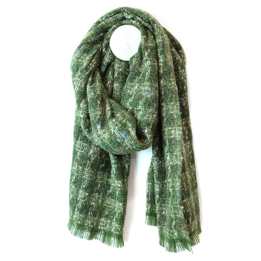 Sienna forest green mix check weave scarf with metallic thread