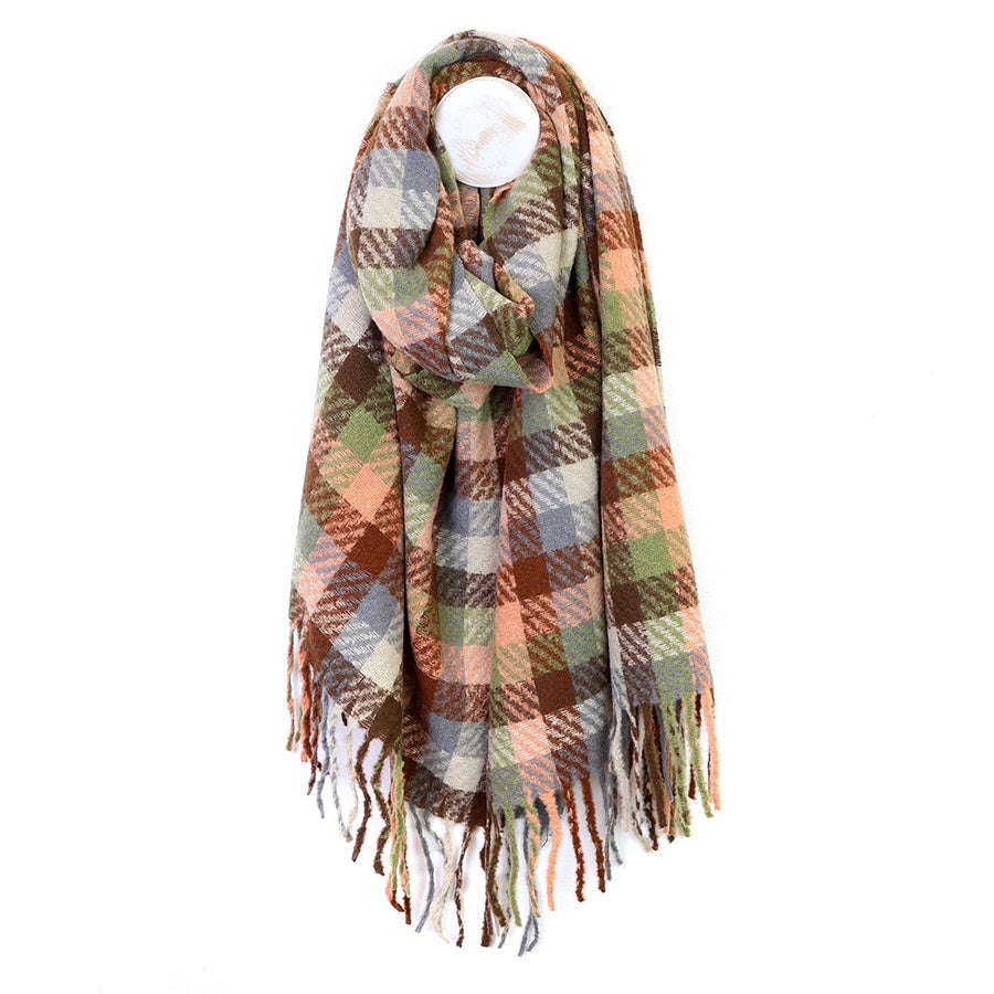 Jessica salmon sage and brown mix check weave scarf