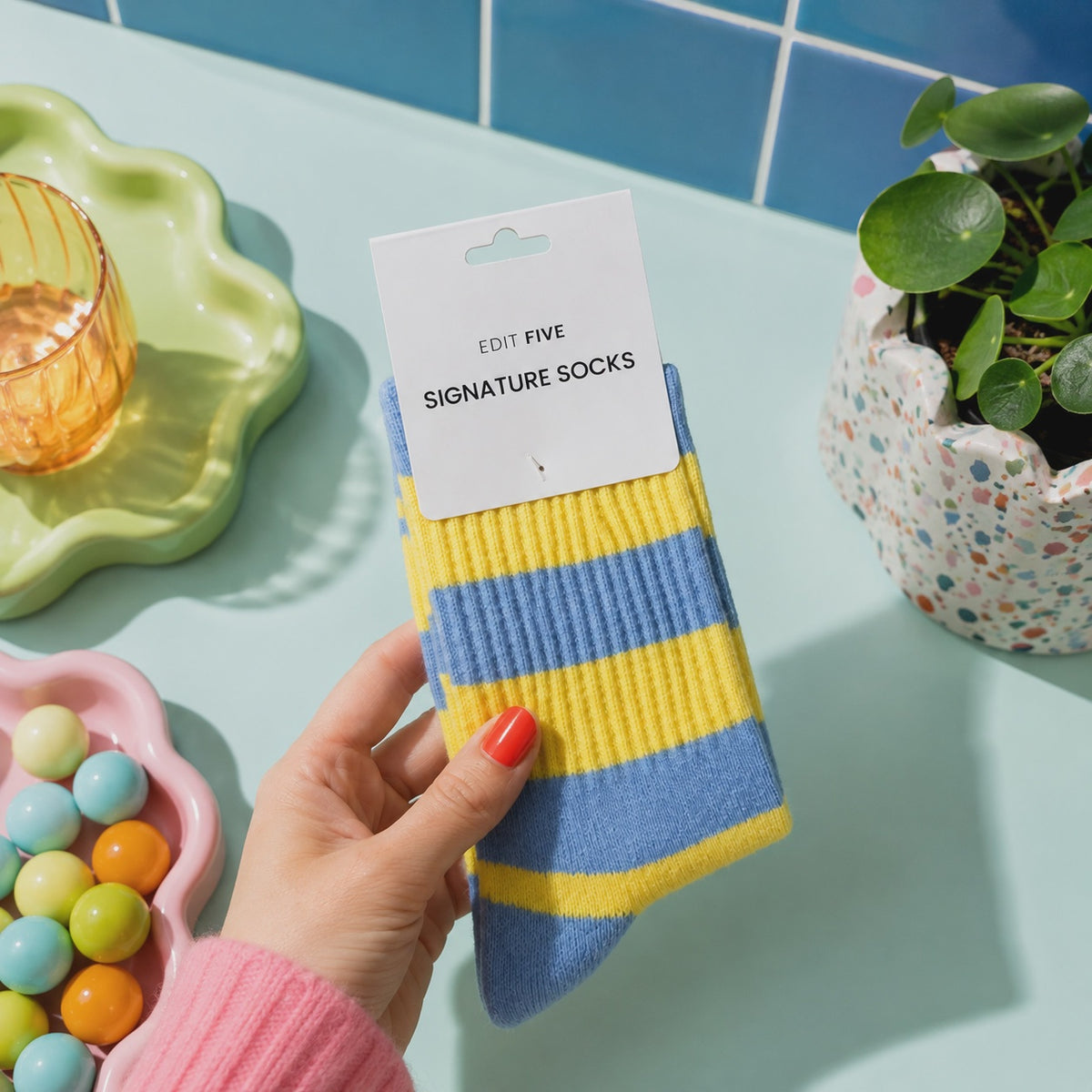 Blue and yellow striped socks