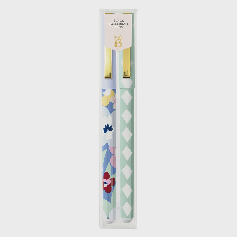 Rollerball Pens - Two-Pack Set - Check & Floral - Black Ink