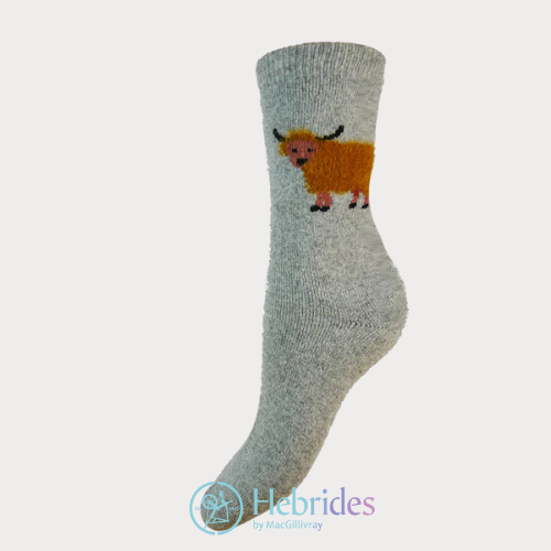 Grey Fluffy Highland Cow socks size 4-7