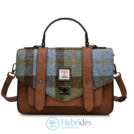 Chestnut & blue tartan  Harris Tweed - Satchel