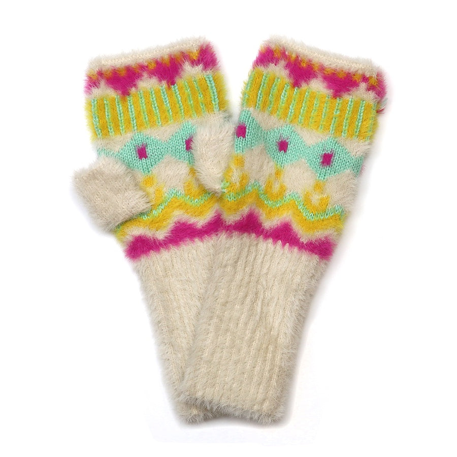 Mia fluffy cream and neon mix scandi pixel knit wristwarmers