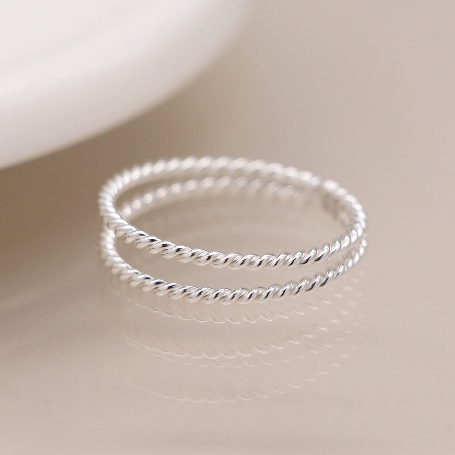 Silver double twisted fine band ring - size 57 (med)