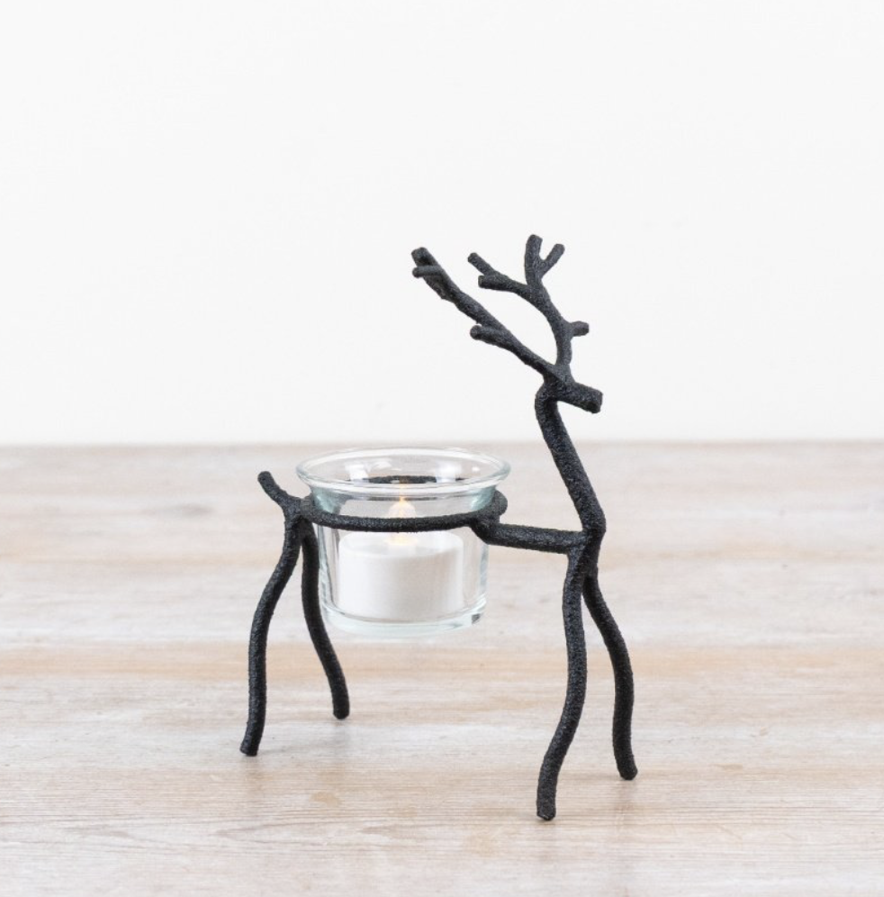 Black reindeer t-light candle holder - 16cm