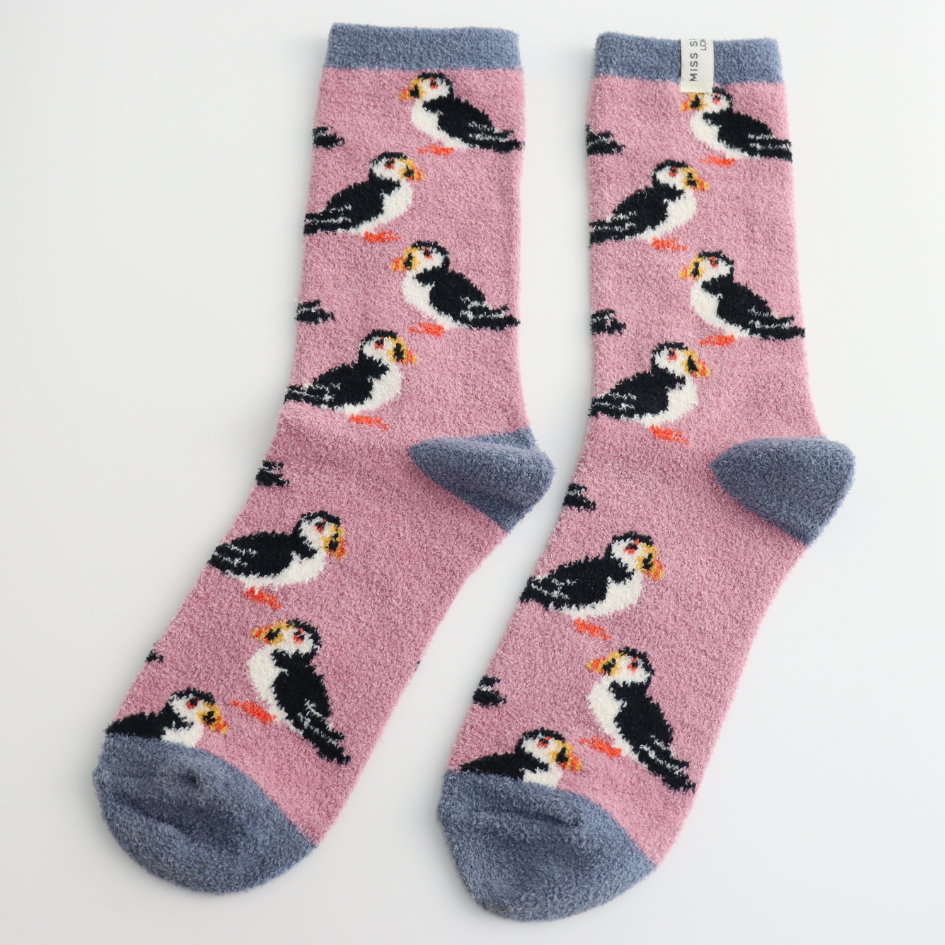 Fluffy puffins mauve socks (UK3-7)