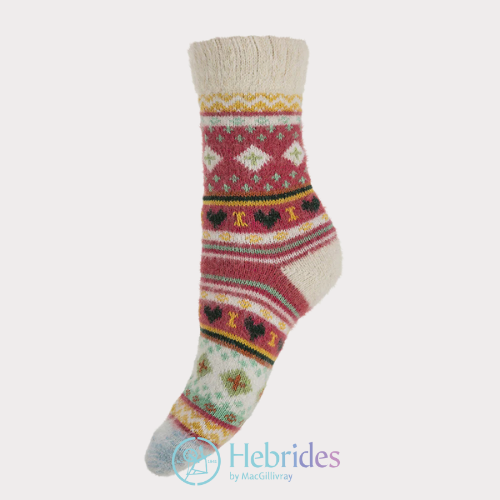 Pretty cream and pink  patterned wool blend socks size 4-7