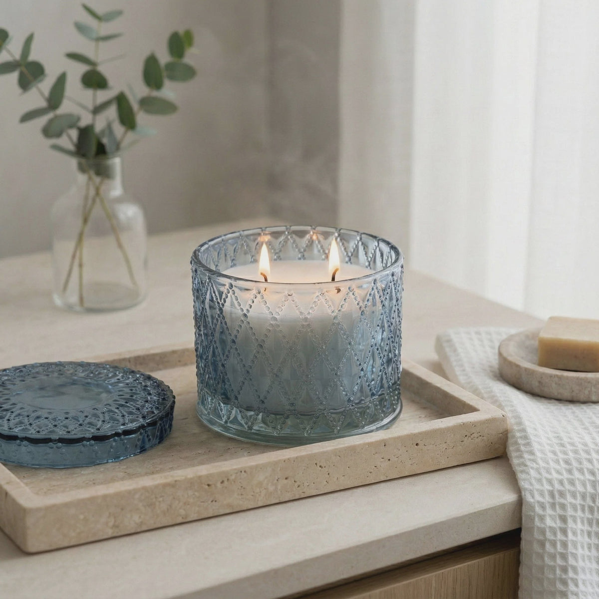 Small Round Embossed Candle Jar - The Silk Rd blue