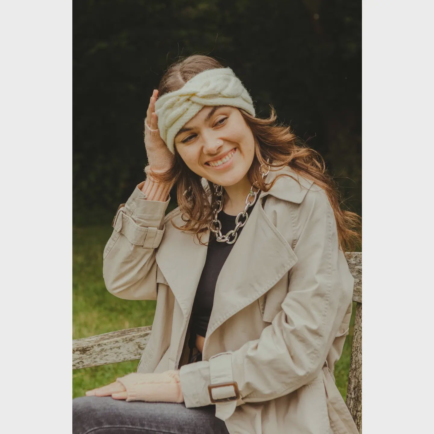 Cream Cosy Cable Knit Knot Front Headband