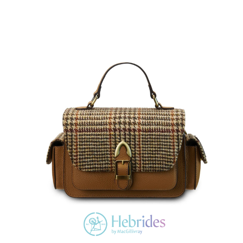 Melrose crossbody leather & beige dogtooth Harris Tweed
