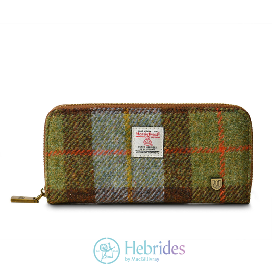 Chestnut and blue tartan Harris Tweed - Long zip purse