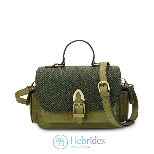 Melrose crossbody leather & dark green herringbone Harris Tweed