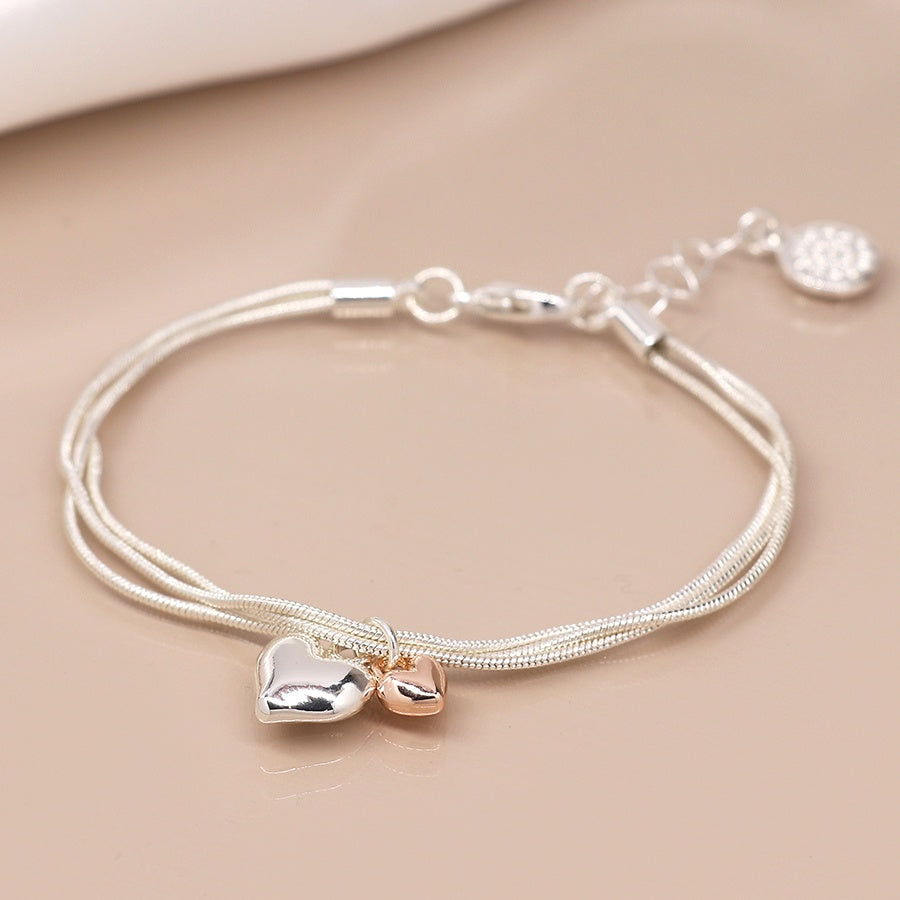 3 s.p. Chain b'let with s.p. Heart & rose gold small heart