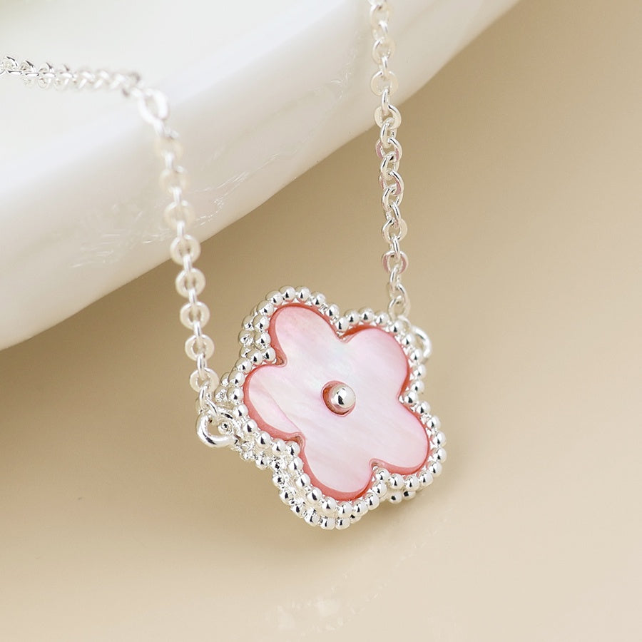 Silver plated pink mop flower pendant necklace