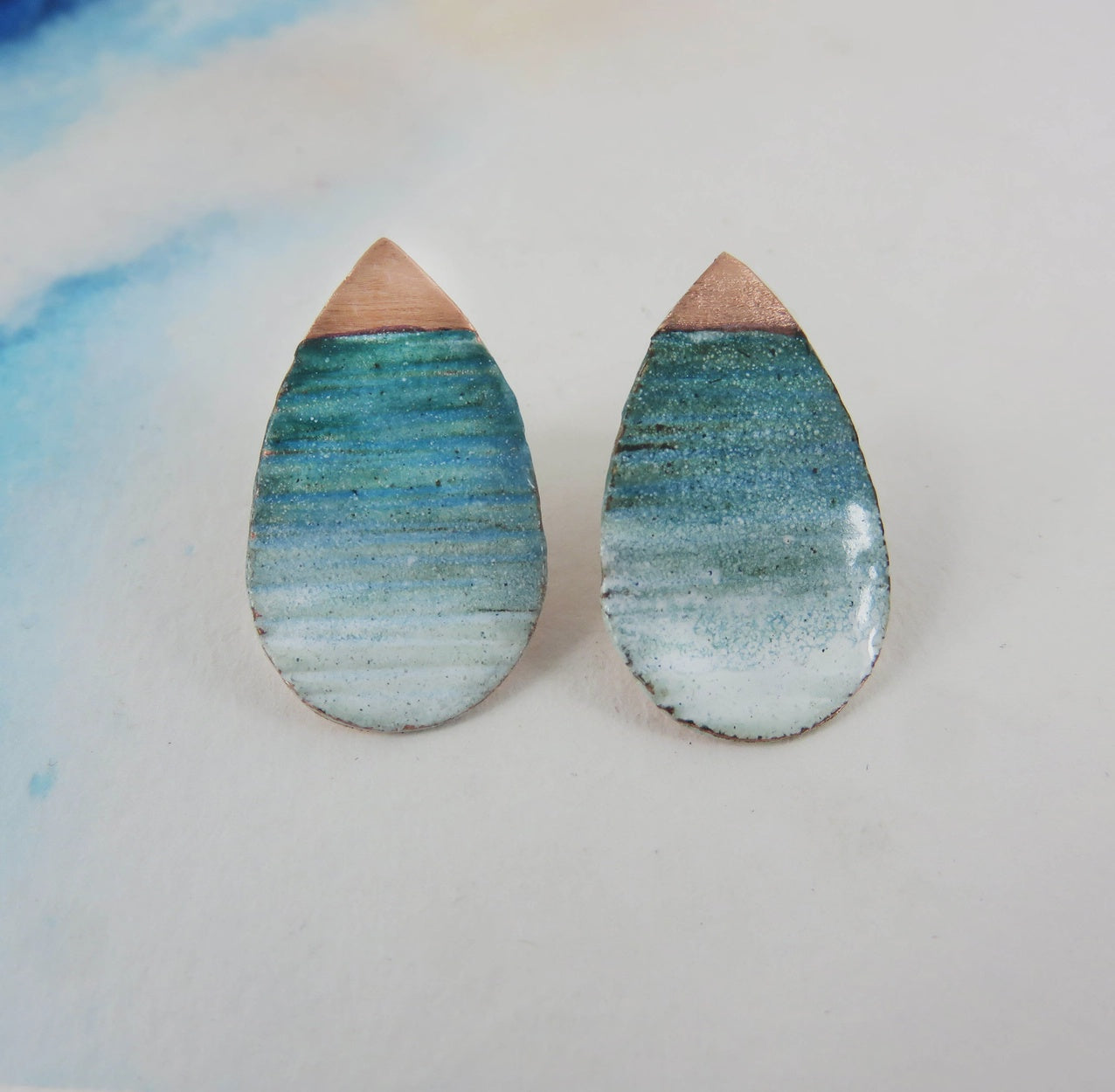 Textured Copper with Teal and White Enamel Teardrop Studs