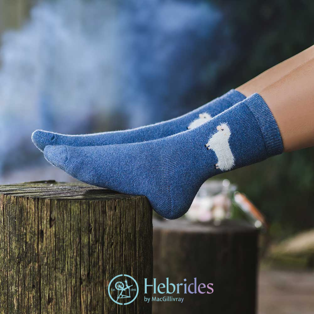 Blue Wool Blend socks with fluffy sheep size 4-7