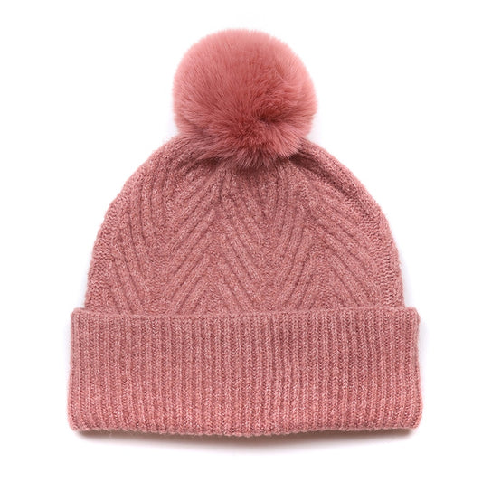 Charlotte dusty rose herringbone knit recycled blend bobble hat