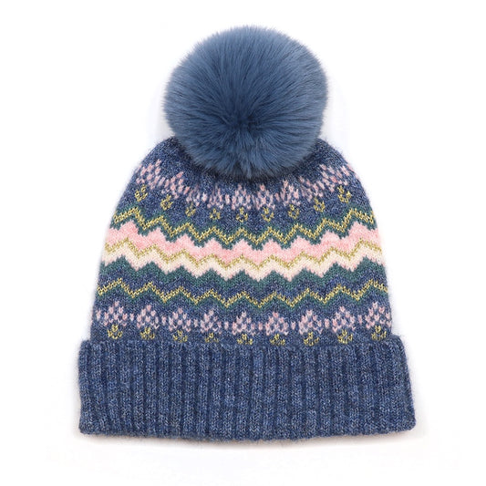 Sofia denim mix zigzag stripes recycled blend bobble hat