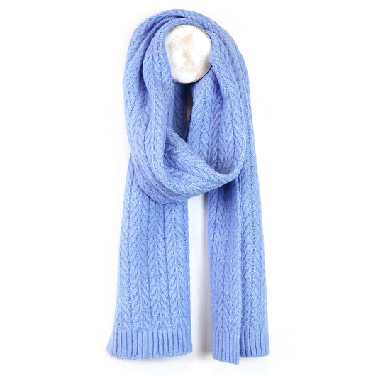 Ice blue recycled yarn herringbone cable knit scarf