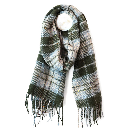Olivia dark khaki mix tartan weave scarf with metallic thread