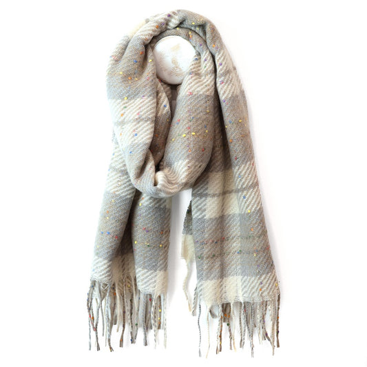 Olivia soft taupe mix tartan weave scarf with metallic thread