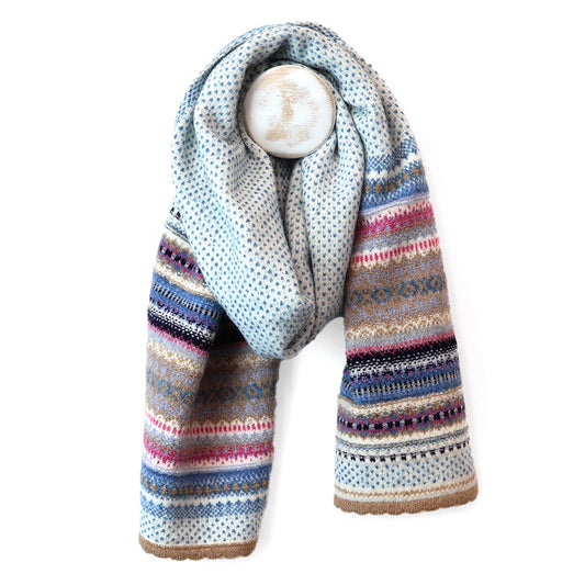Evie camel and blue mix multi knit stripes recycled blend scarf