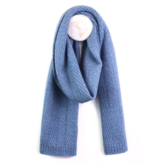 Charlotte denim blue herringbone knit recycled blend scarf