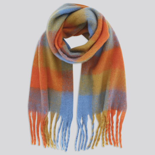 Yasmin Check Tassel Scarf - Sky Blue / Burnt Orange