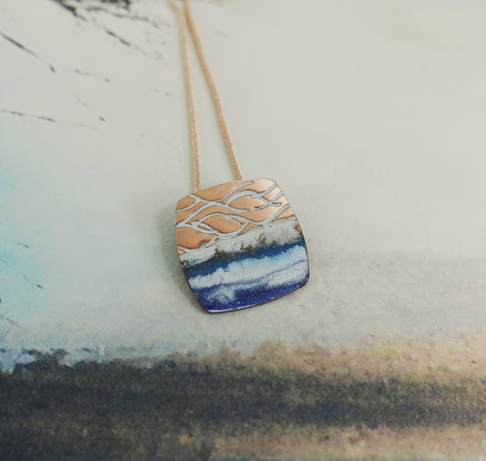 Copper and Enamel Textured Beach Ocean Seaside Pendant