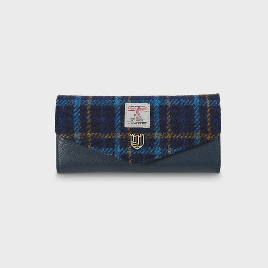 Navy & beige tartan Harris Tweed - large clasp purse