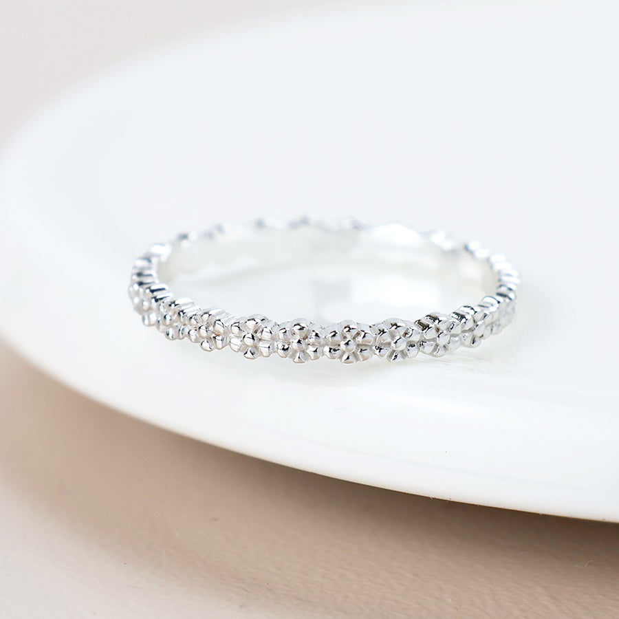 Silver flower fine band ring - size 57 (med)