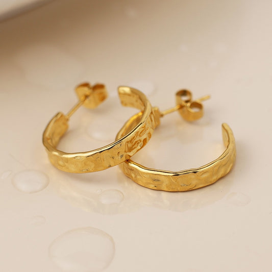 Gold plated stainless steel lightly beaten textured c post hoop earrings