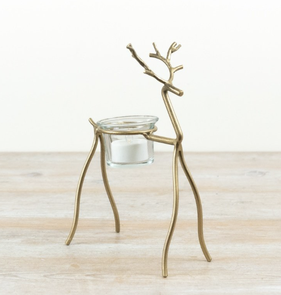 Gold reindeer t-light candle holder - 21cm