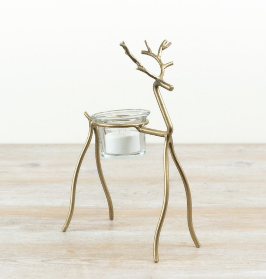 Gold reindeer t-light candle holder - 21cm