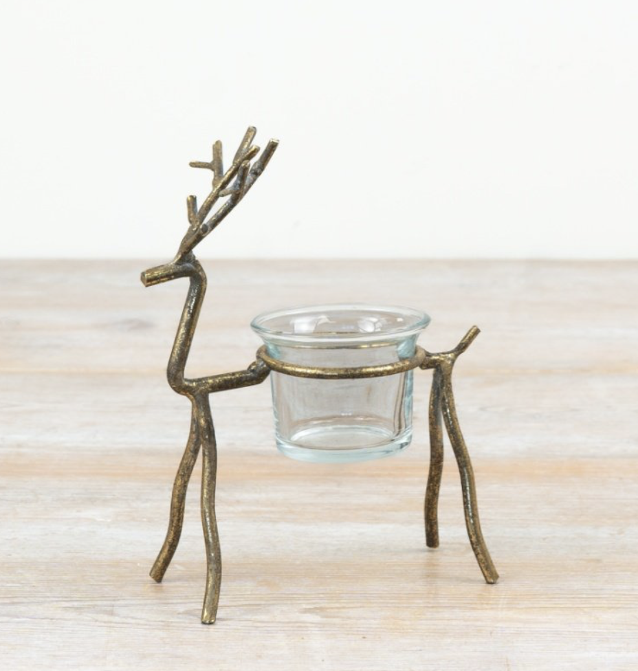 Gold reindeer t-light candle holder - 16cm
