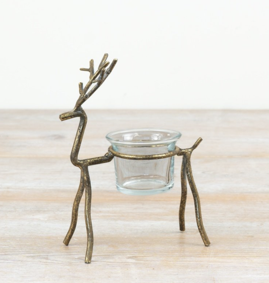 Gold reindeer t-light candle holder - 16cm