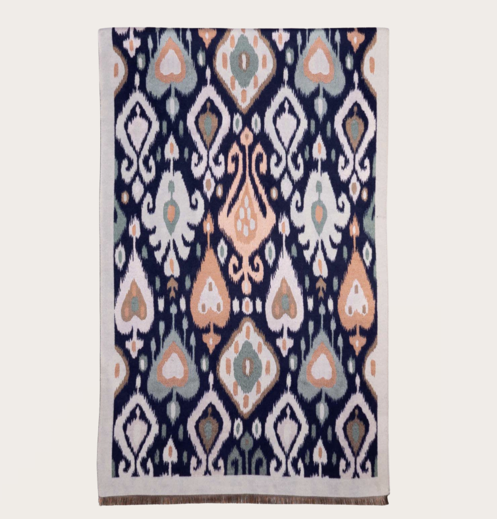 Wrap/scarf ikat print with fringed edge navy