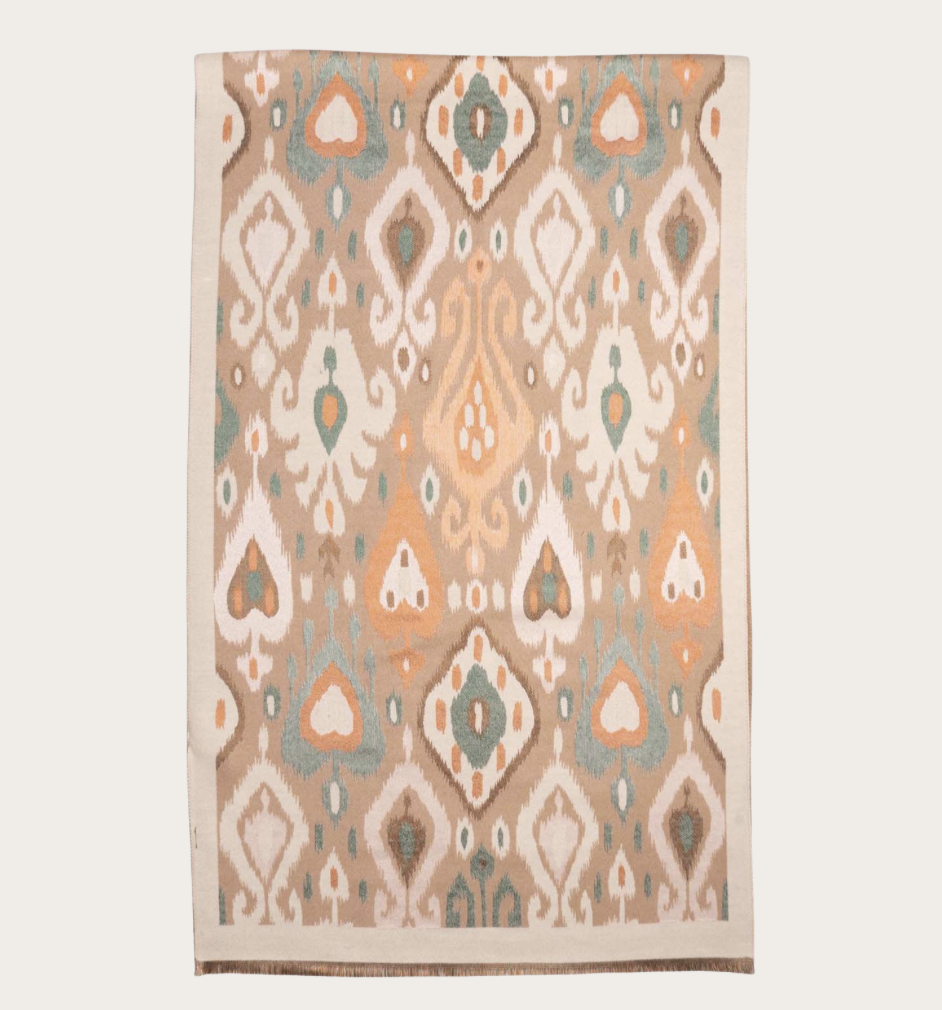 Wrap/scarf ikat print with fringed edge cream