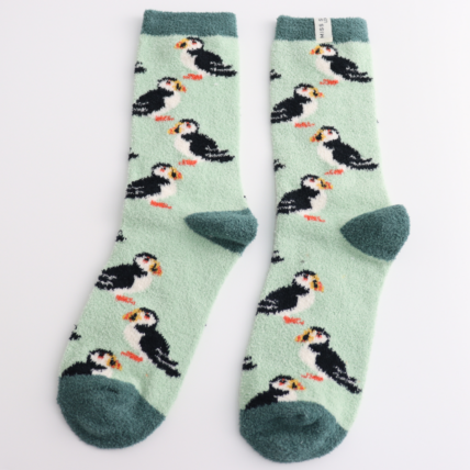 Fluffy Puffins Mint Socks (UK3-7)