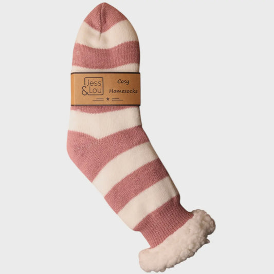 Pink & White Stripe Fleece Lined Slipper Socks SL741